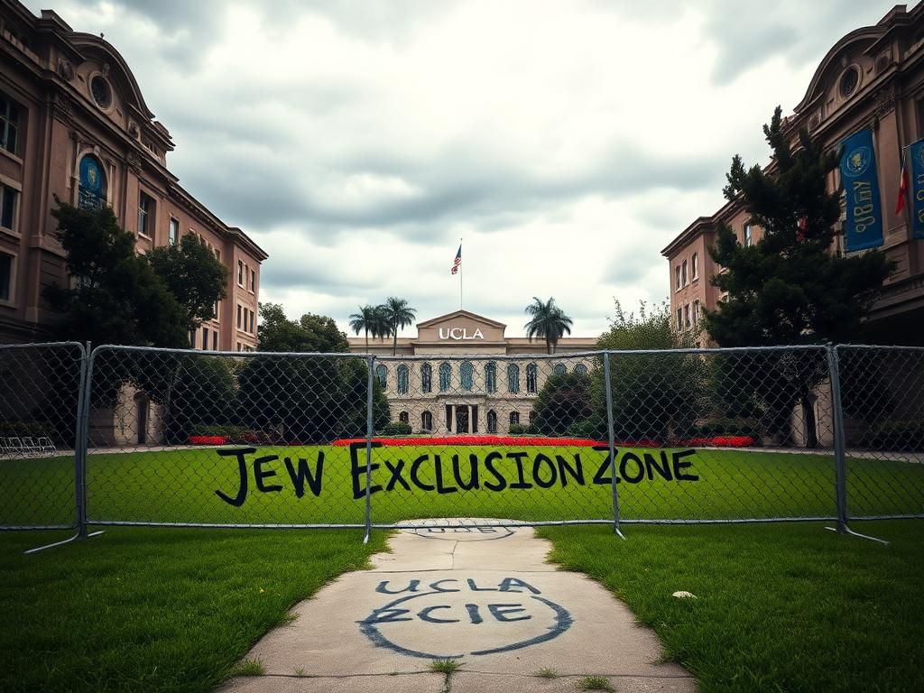 Flick International A large, empty area of UCLA's campus framed by iconic architecture, representing exclusion and isolation.