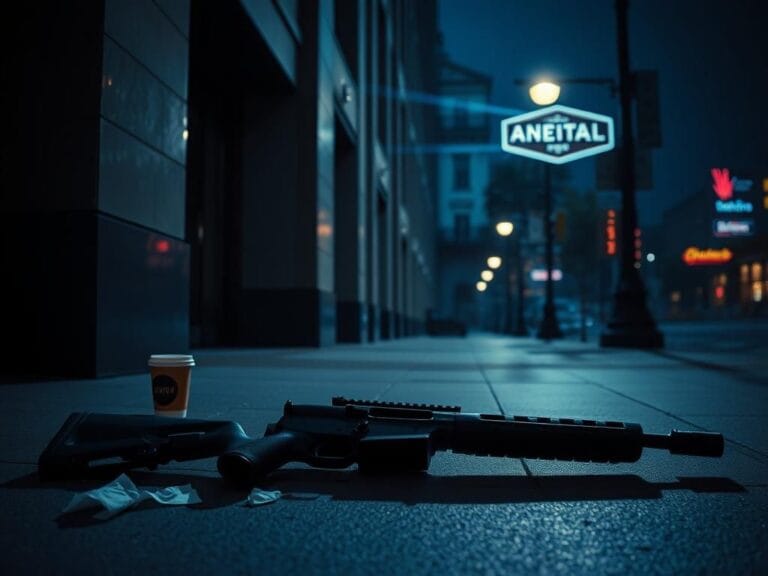 Flick International Dimly lit urban scene with a heavy-duty rifle lower part on the sidewalk in Manhattan