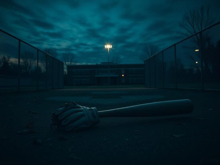 Flick International Dimly lit baseball field at dusk with a worn glove and cracked bat