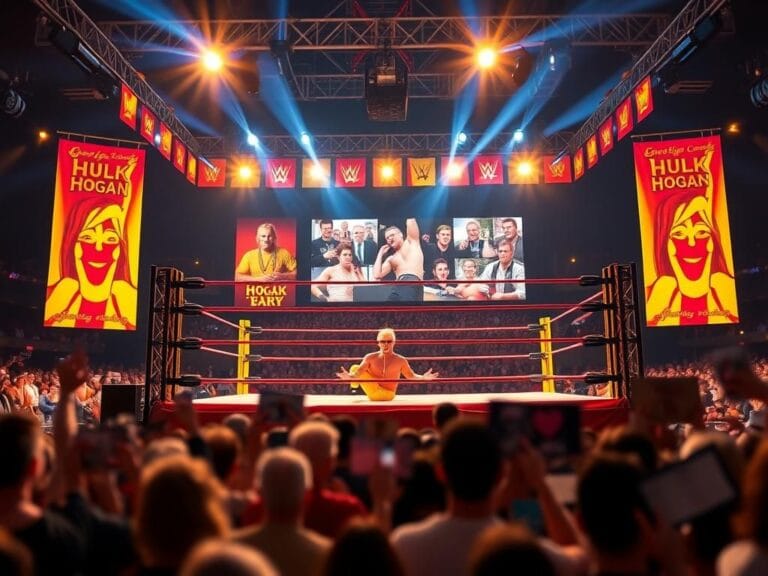 Flick International Vibrant wrestling ring tribute to Hulk Hogan with iconic colors and legends