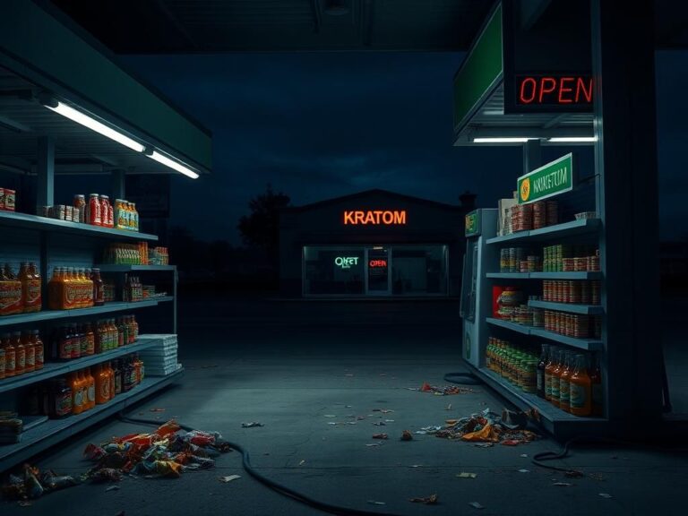 Flick International Desolate gas station at dusk showcasing kratom products with empty shelves and discarded litter