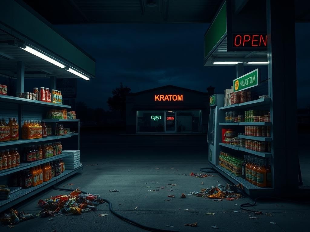 Flick International Desolate gas station at dusk showcasing kratom products with empty shelves and discarded litter
