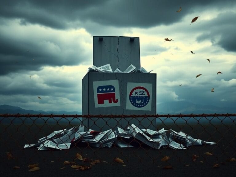 Flick International Conceptual image of a cracked and crumbling electoral ballot box symbolizing voter disillusionment