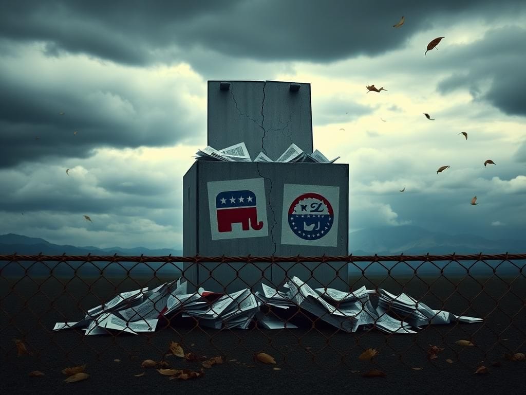 Flick International Conceptual image of a cracked and crumbling electoral ballot box symbolizing voter disillusionment