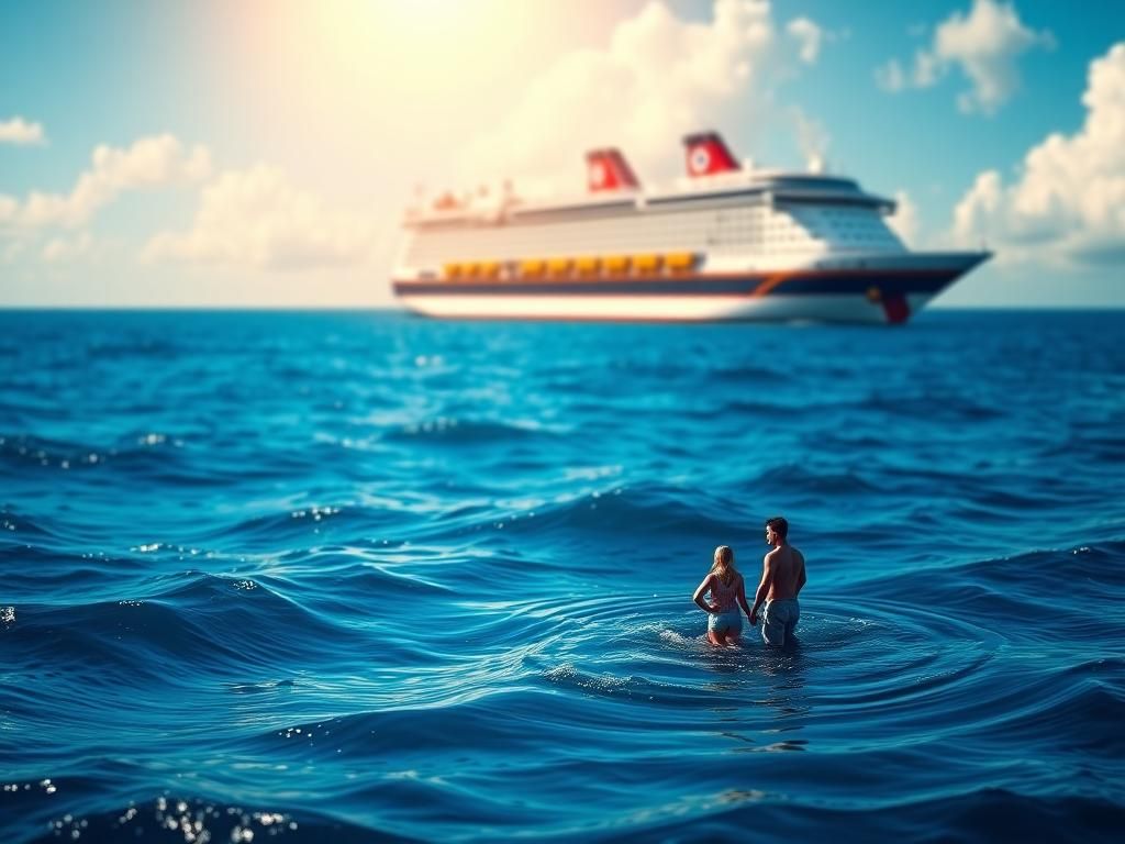 Flick International A serene ocean scene depicting a Disney cruise ship with a father and daughter in the calm waters