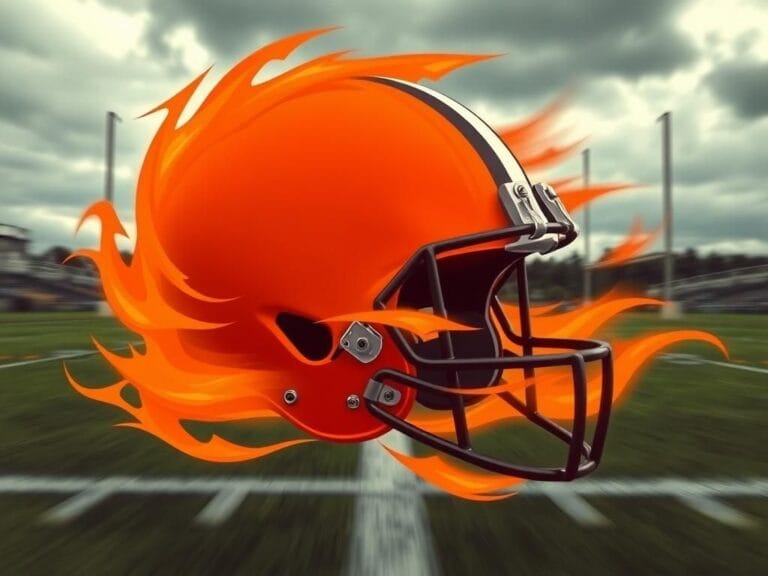 Flick International Cleveland Browns football helmet surrounded by orange and brown flames symbolizing controversy and potential