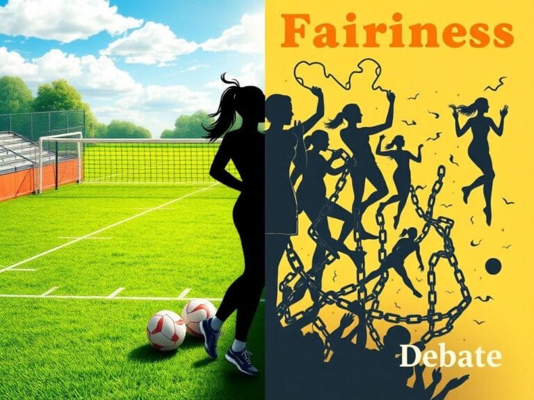 Flick International A split scene depicting a vibrant sports field and an abstract representation of fairness issues in women's sports