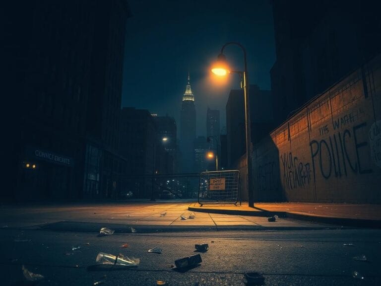 Flick International Nighttime urban scene in downtown Cincinnati showing debris and shadows after a recent brawl