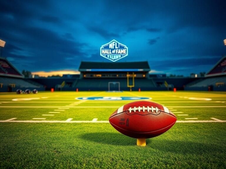 Flick International Football field at twilight in Canton, Ohio, with Hall of Fame stadium in the background