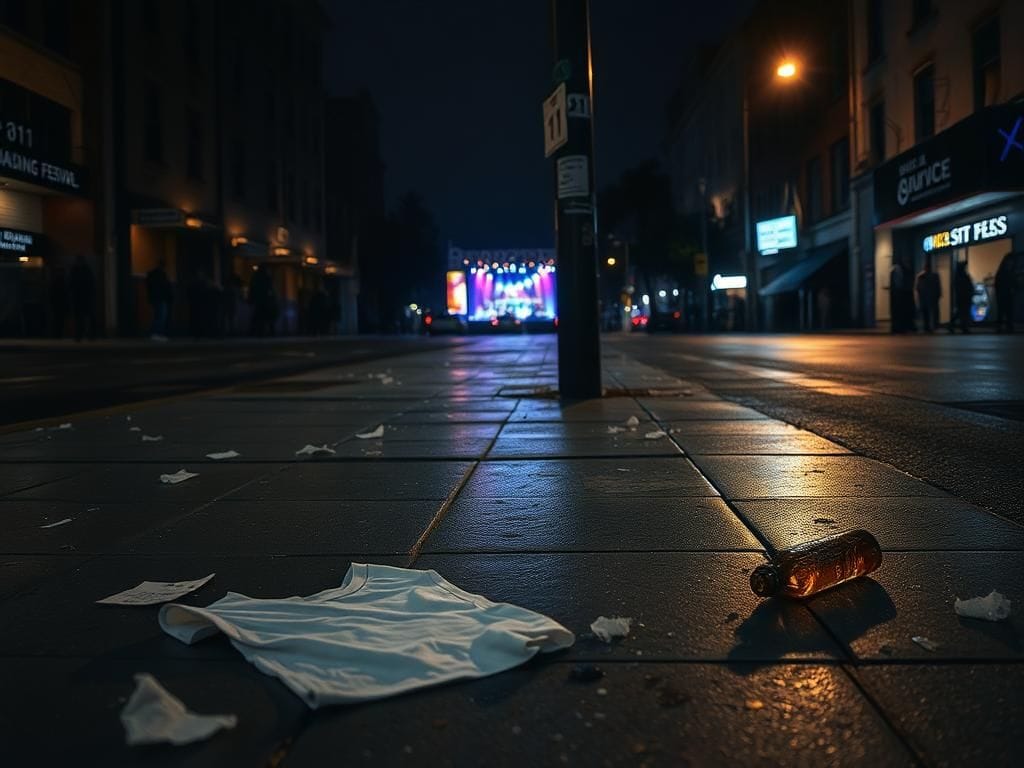 Flick International Dimly lit urban street showing signs of a recent violent altercation at night