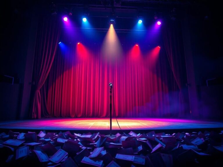 Flick International Dimly lit concert hall with vibrant stage lights and an empty microphone stand symbolizing conflict