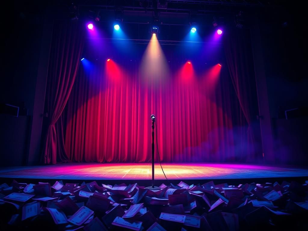 Flick International Dimly lit concert hall with vibrant stage lights and an empty microphone stand symbolizing conflict