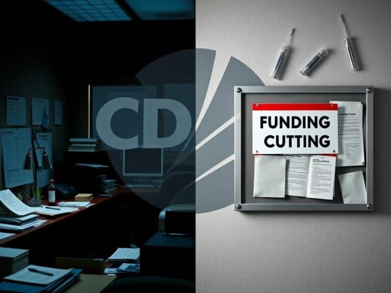 Flick International A split scene depicting a busy government office for public health juxtaposed with a darkened room highlighting challenges in vaccine policies