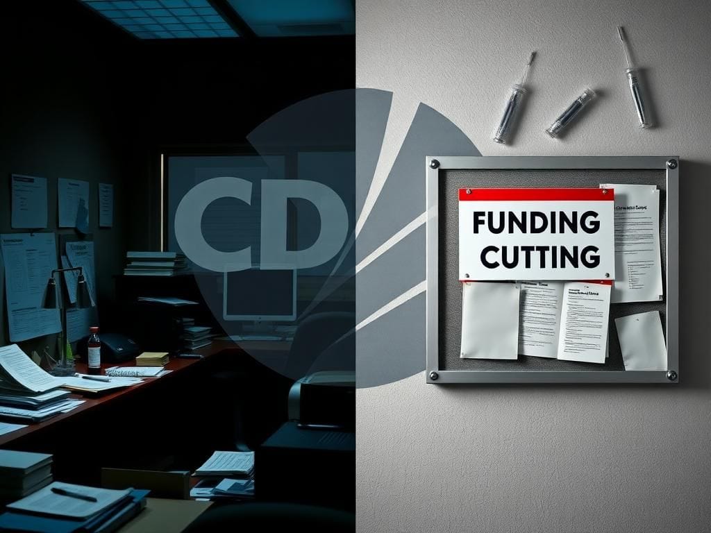 Flick International A split scene depicting a busy government office for public health juxtaposed with a darkened room highlighting challenges in vaccine policies