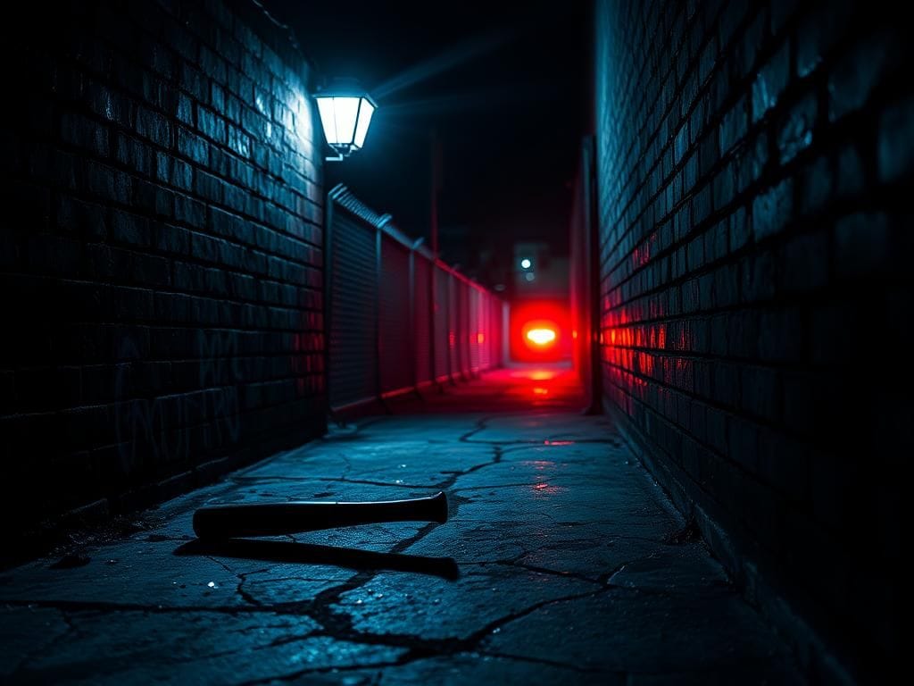 Flick International A dark alleyway at night with a baseball bat resting against a brick wall