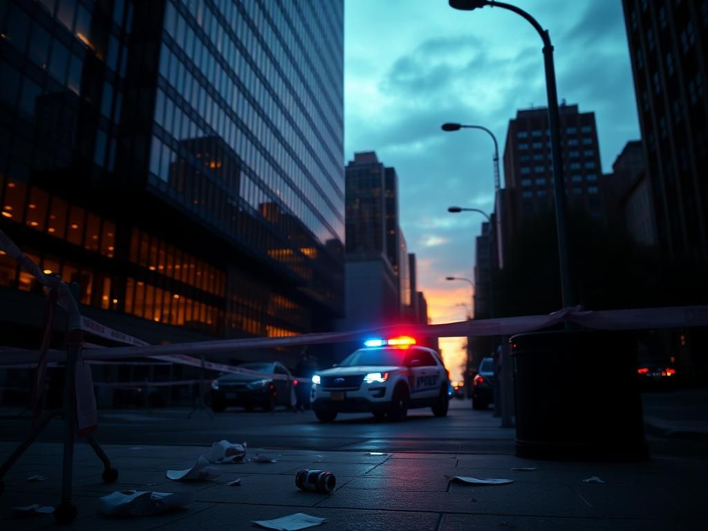 Flick International Exterior view of a modern Manhattan high-rise office building at dusk with police barriers
