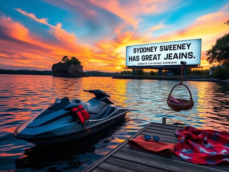 Flick International Sydney Sweeney enjoying a lakeside adventure on a Jet Ski with lush greenery and a sunset backdrop.