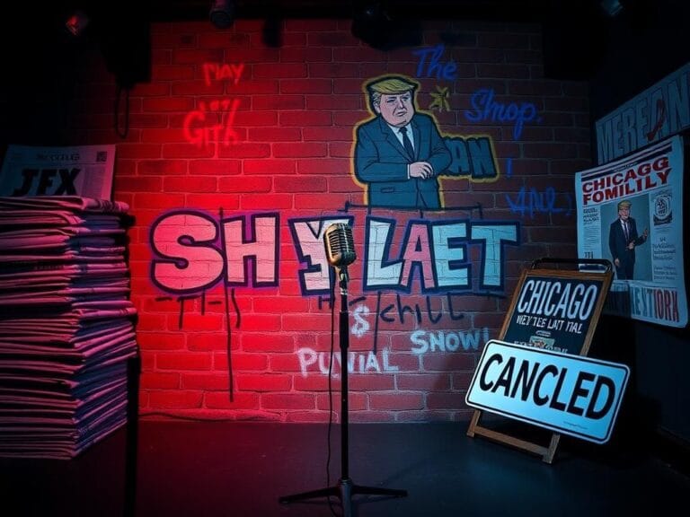 Flick International A dimly lit comedy club stage with a vintage microphone under a spotlight, representing the absence of late-night comedy