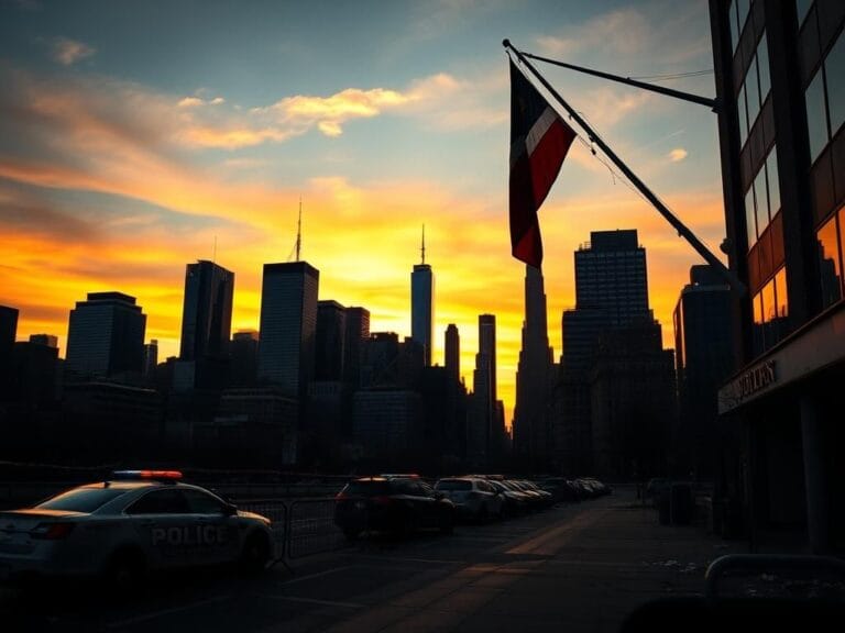 Flick International New York cityscape at sunset with police barricades symbolizing aftermath of mass shooting