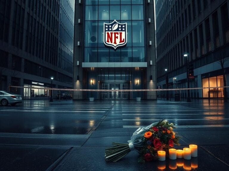 Flick International somber scene of NFL headquarters with memorial flowers and candles