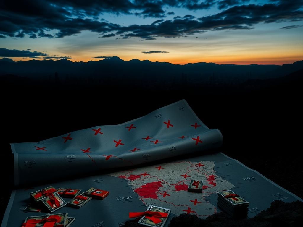 Flick International Dark Venezuelan city skyline at dusk with a large map of narco-terrorism routes in the foreground
