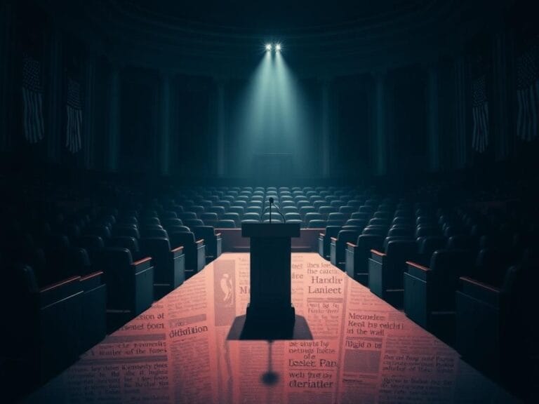 Flick International Dimly lit Senate chamber with empty seats and a solitary microphone