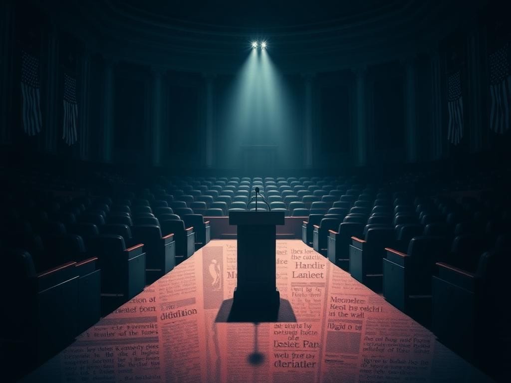 Flick International Dimly lit Senate chamber with empty seats and a solitary microphone