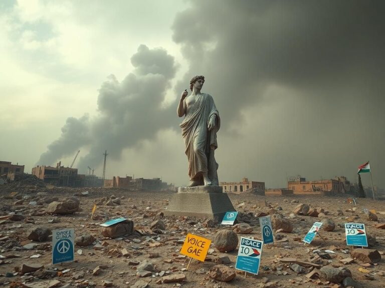 Flick International A cracked statue of David amidst a destroyed Gaza landscape symbolizing moral dilemmas.