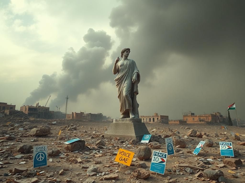 Flick International A cracked statue of David amidst a destroyed Gaza landscape symbolizing moral dilemmas.