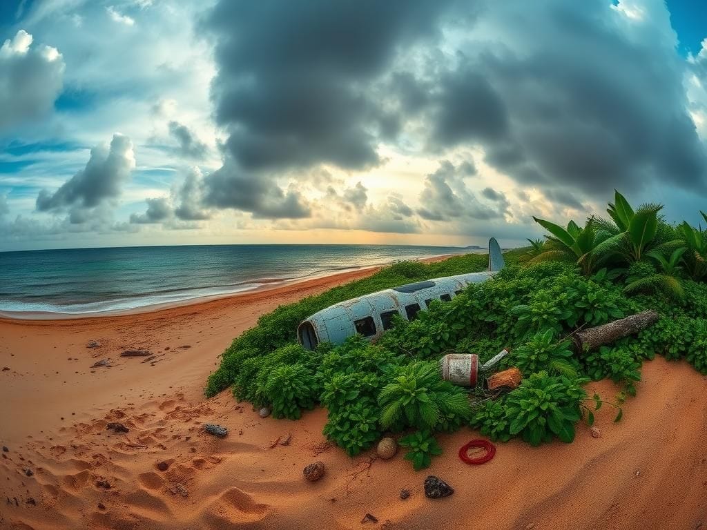 Flick International Panoramic view of Nikumaroro Island with remnants of an aircraft fuselage
