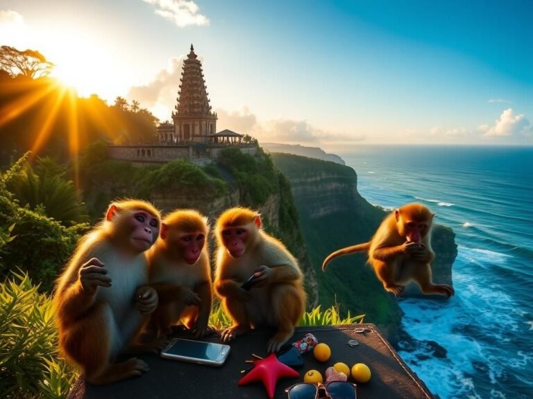 Flick International Long-tailed macaques playfully interacting with smartphones and other items at Uluwatu Temple in Bali, showcasing their mischievous behavior.
