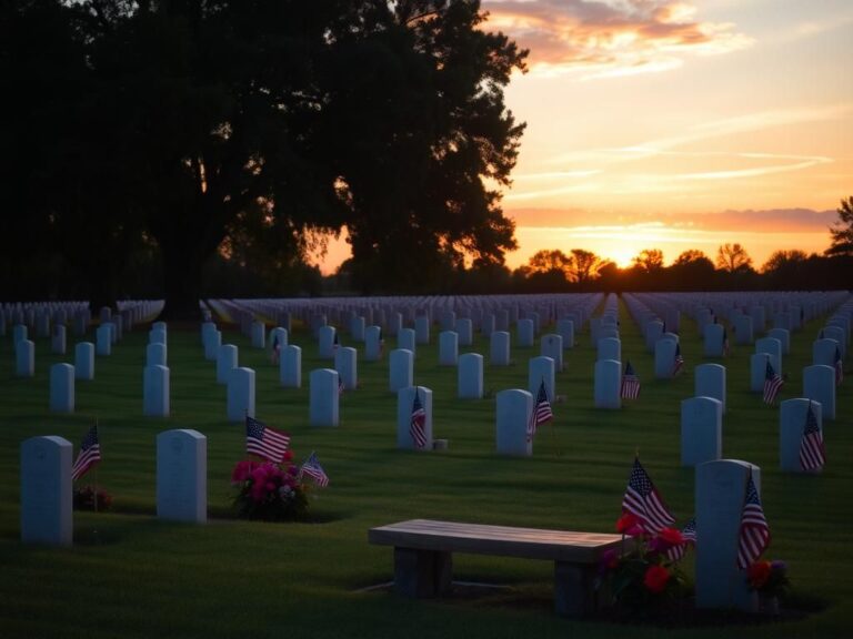 Flick International Serene national cemetery scene at sunset with American flags and flowers