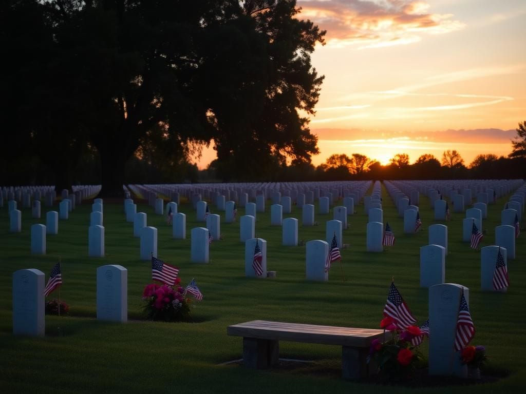 Flick International Serene national cemetery scene at sunset with American flags and flowers