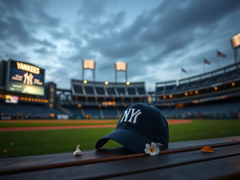 Flick International NYPD cap on a wooden bench outside Yankee Stadium during moment of silence
