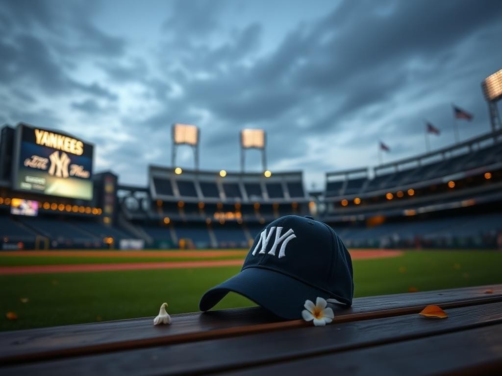 Flick International NYPD cap on a wooden bench outside Yankee Stadium during moment of silence