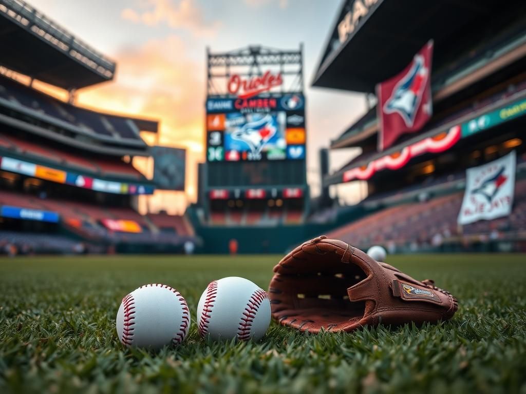 Flick International A dynamic scene at Camden Yards featuring a baseball glove and a ball on the turf, symbolizing the player trade.