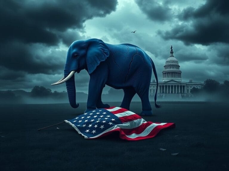 Flick International A large, cracked blue elephant standing alone on a dark, stormy landscape with a fallen American flag