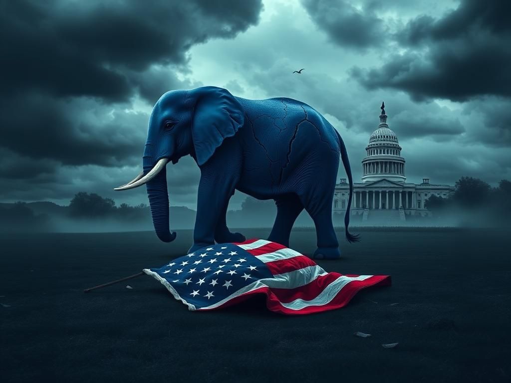 Flick International A large, cracked blue elephant standing alone on a dark, stormy landscape with a fallen American flag