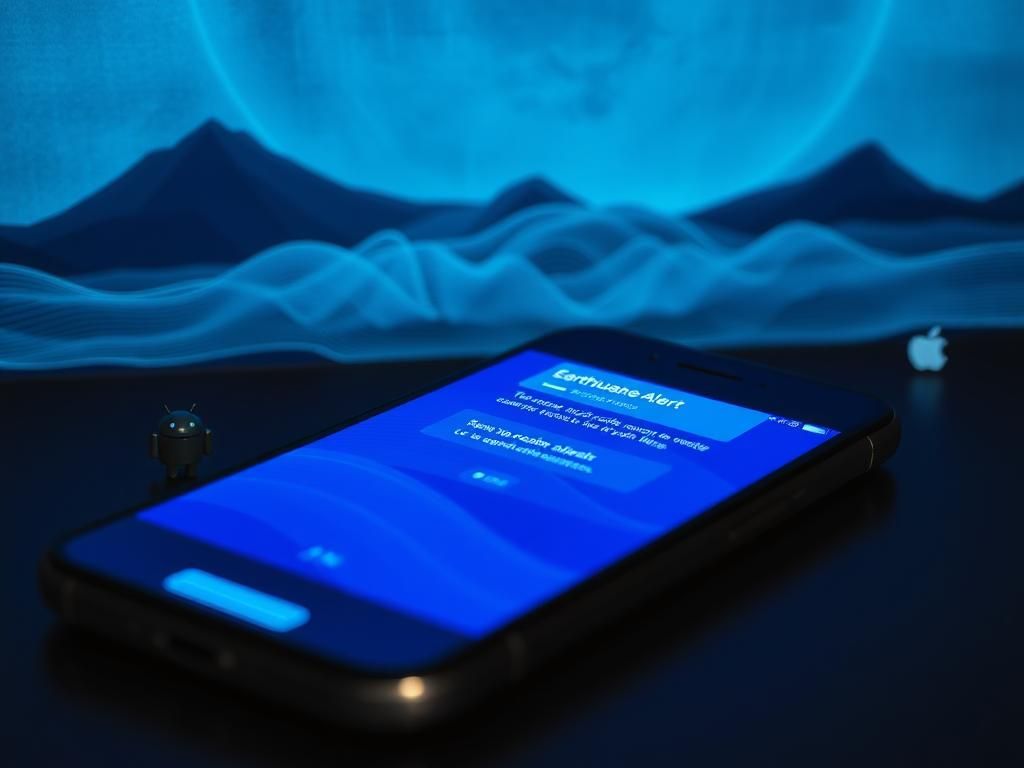 Flick International Close-up view of a smartphone displaying an earthquake alert notification against a backdrop of seismic waves.