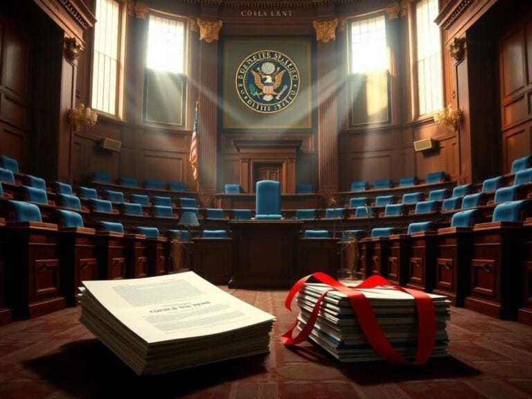 Flick International Grand U.S. Senate chamber with empty senator seats and unoccupied podium