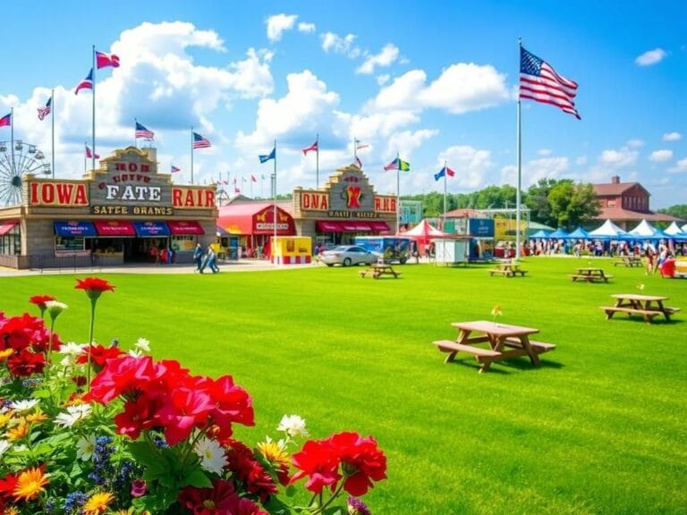 Flick International Colorful patriotic decorations and American flags at the Iowa State Fairgrounds