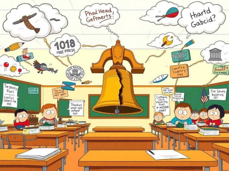 Flick International Cartoon illustration depicting a satirical classroom scene inspired by 'South Park' with caricatures of objects and political symbols.