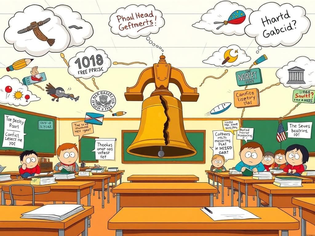Flick International Cartoon illustration depicting a satirical classroom scene inspired by 'South Park' with caricatures of objects and political symbols.