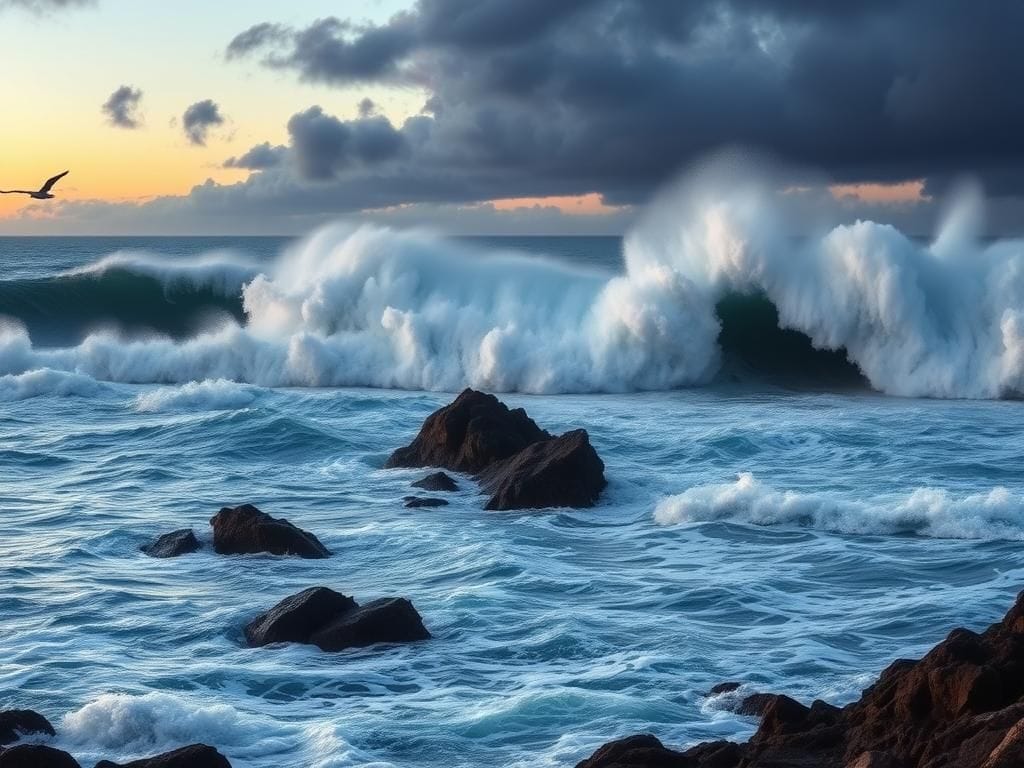 Flick International Towering tsunami waves crashing against the rocky coastline of Japan with ominous clouds overhead
