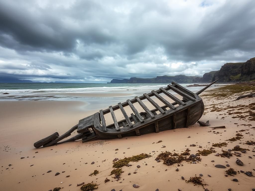 Flick International Partially submerged wooden remains of the Earl of Chatham warship on a desolate beach in Orkney