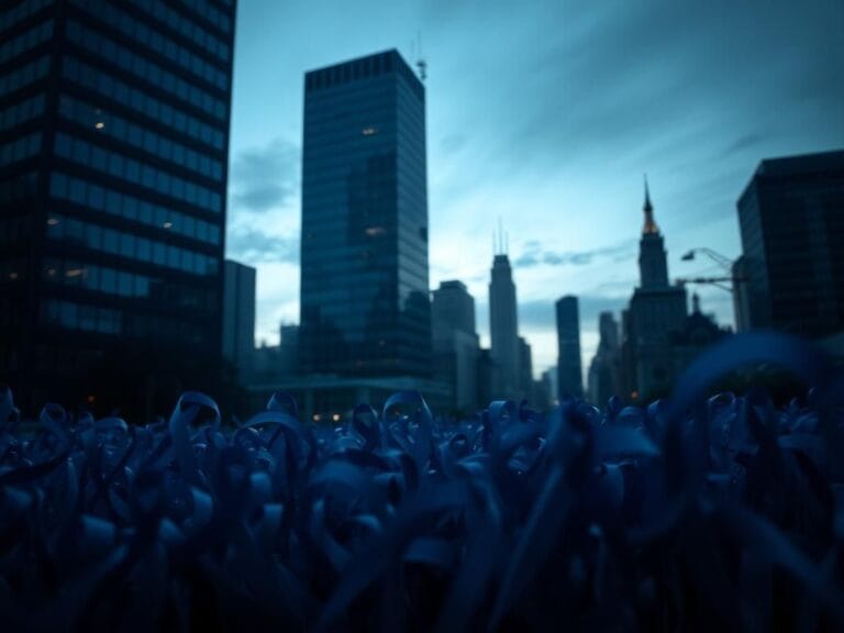 Flick International A somber cityscape of New York City at dusk with a high-rise office building and blue ribbons representing mourning law enforcement.