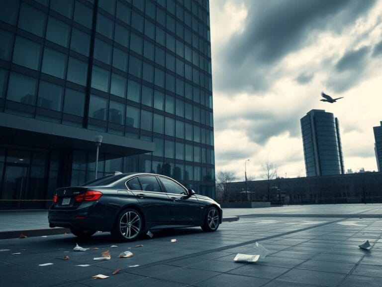 Flick International High-rise office building in Manhattan with dark clouds overhead, reflecting tense atmosphere after shooting incident