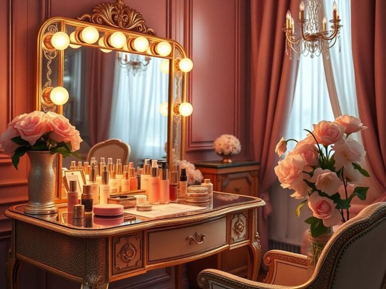 Flick International Luxurious vintage Hollywood vanity table adorned with beauty products and warm lighting
