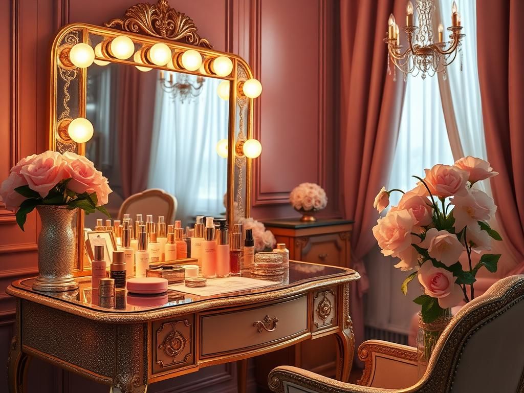 Flick International Luxurious vintage Hollywood vanity table adorned with beauty products and warm lighting