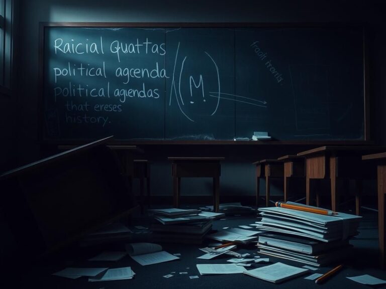 Flick International Dimly lit classroom representing chaos in education with overturned desks and controversial chalkboard writings
